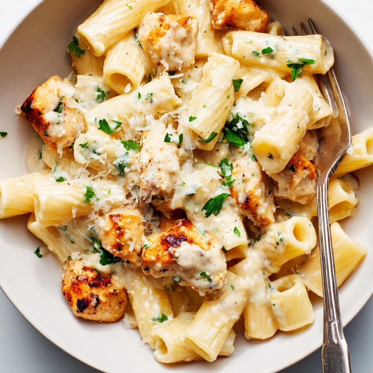 Close-up of Creamy Garlic Parmesan Chicken Rigatoni, gleaming with rich, cheesy sauce and parsley.