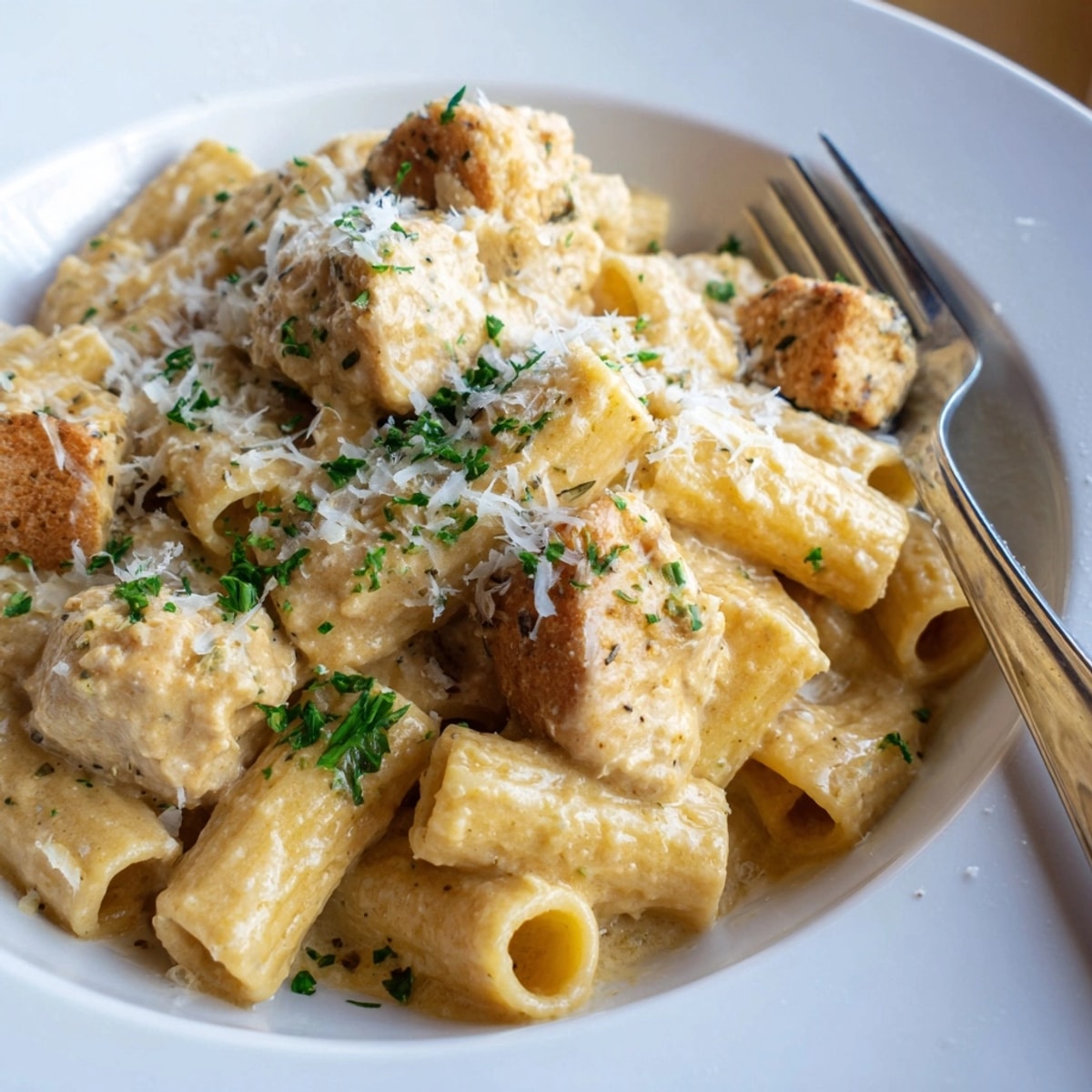 A plated portion of Creamy Garlic Parmesan Chicken Rigatoni, ready to eat with extra cheese.