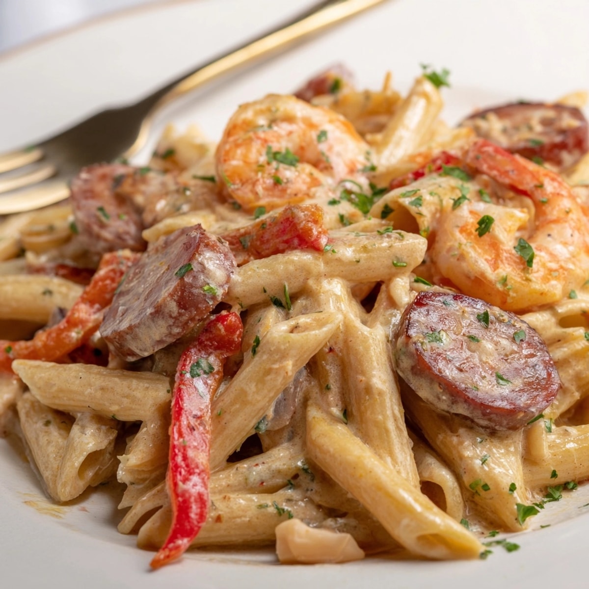 Creamy Cajun Sausage & Shrimp Alfredo Pasta Skillet, a spicy, delicious comfort meal ready to serve.
