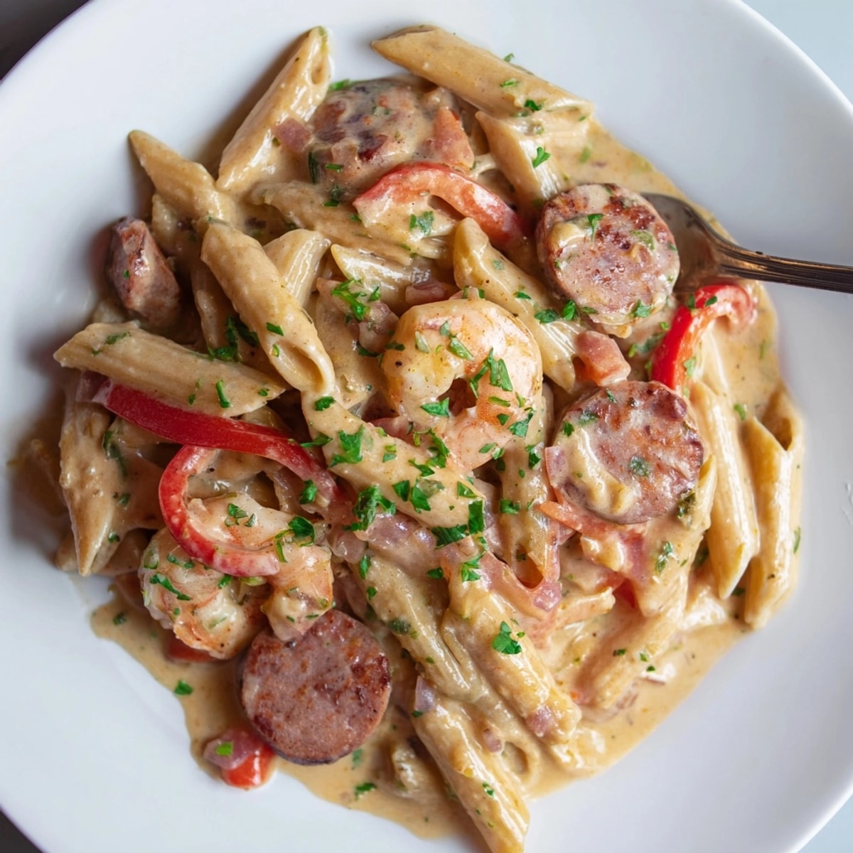 Golden Cajun Sausage &amp; Shrimp Alfredo Pasta Skillet; close-up shows glossy parsley garnish.