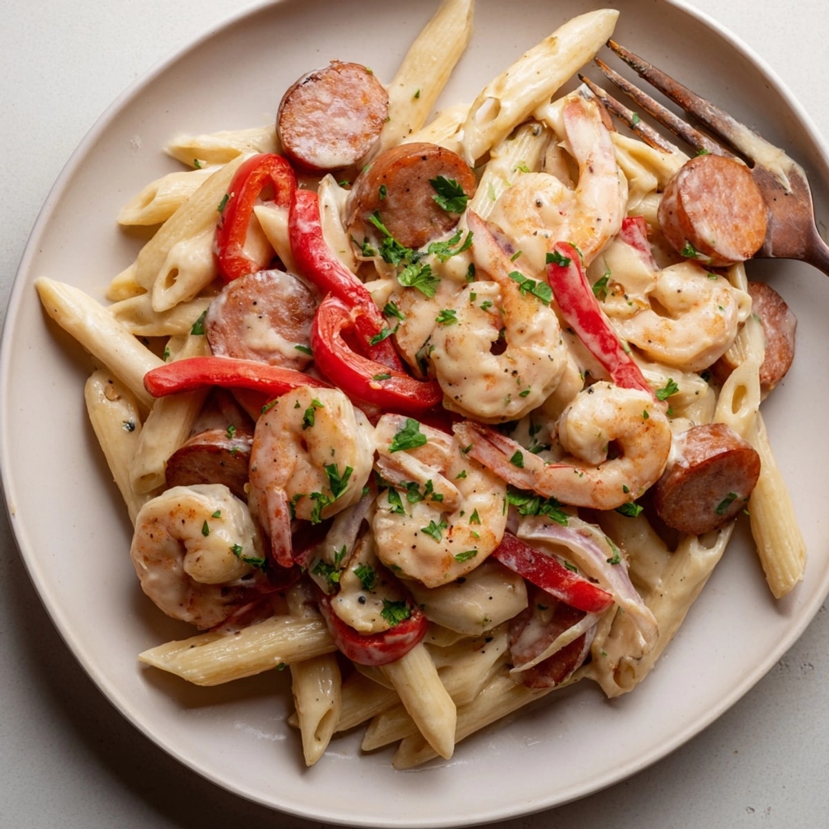 One-pan Cajun Sausage &amp; Shrimp Alfredo Pasta Skillet: savor the aroma of creamy goodness.