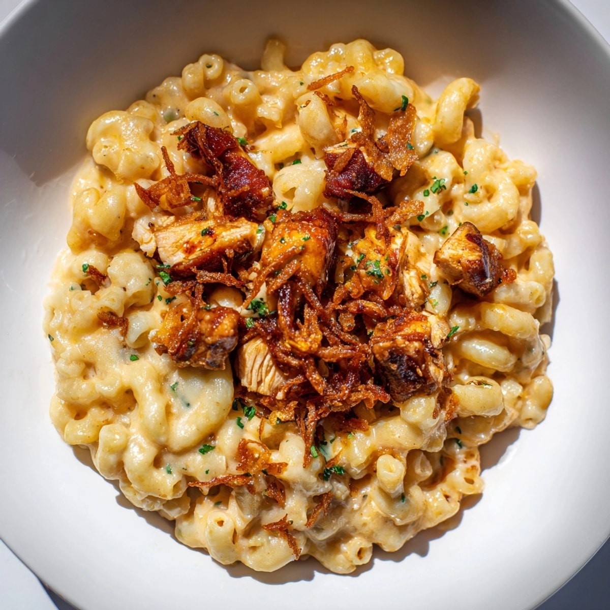 Creamy One-Pot Honey BBQ Chicken Mac and Cheese, ready to serve, topped with parsley.