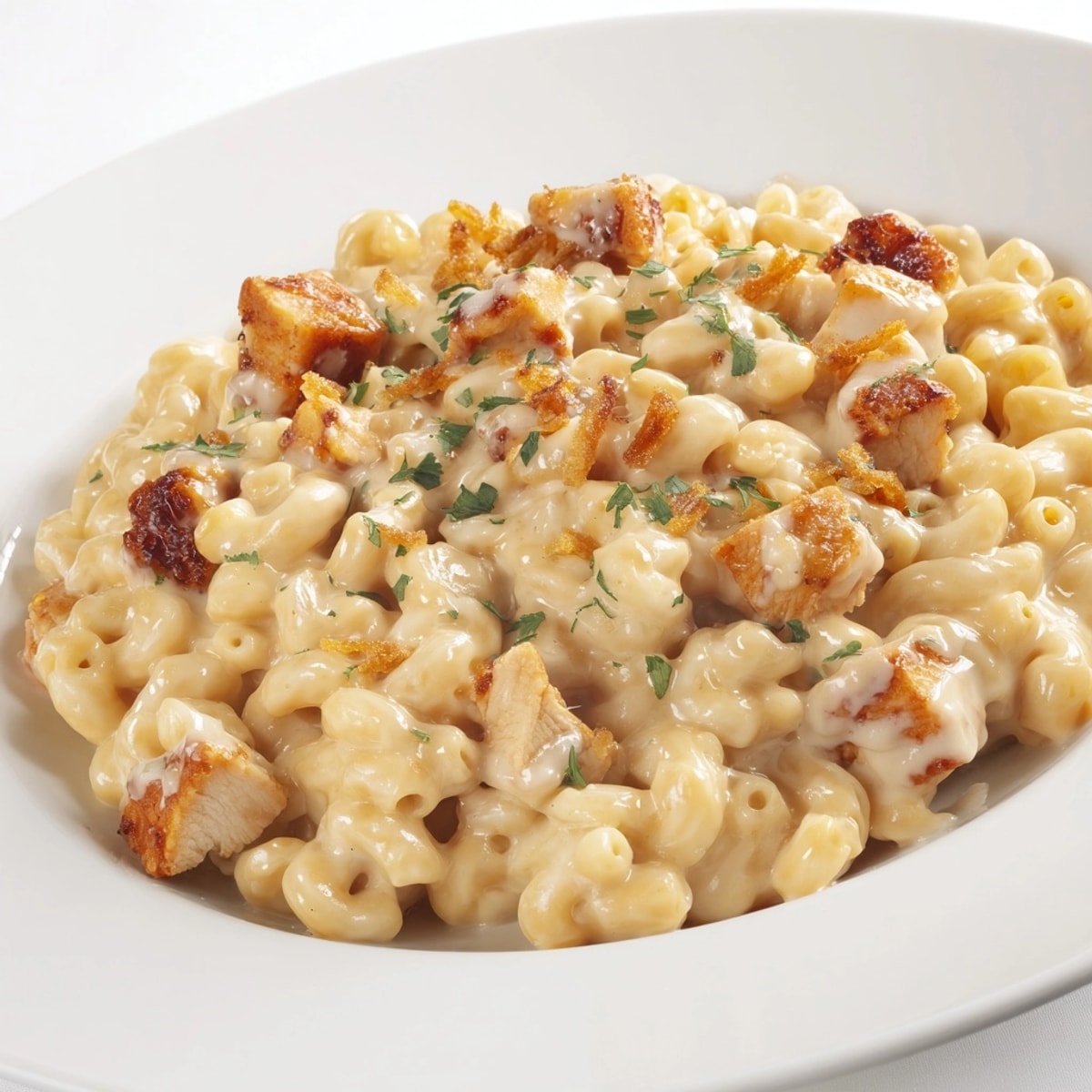 Close-up of cheesy, comforting One-Pot Honey BBQ Chicken Mac and Cheese in a skillet.