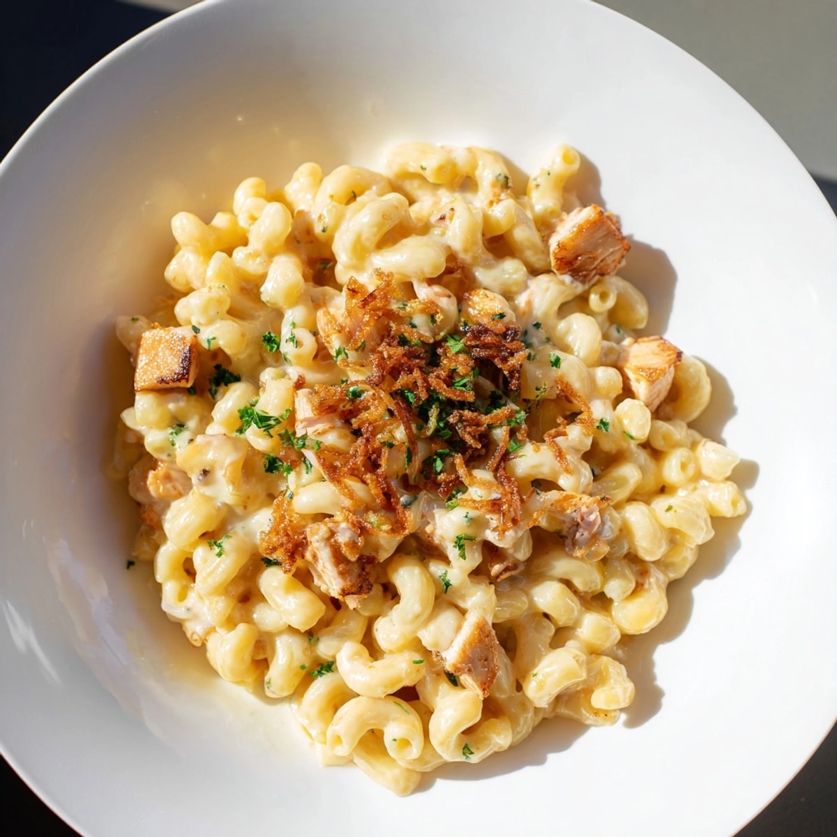 A tasty bowl of One-Pot Honey BBQ Chicken Mac and Cheese with crispy onion topping.