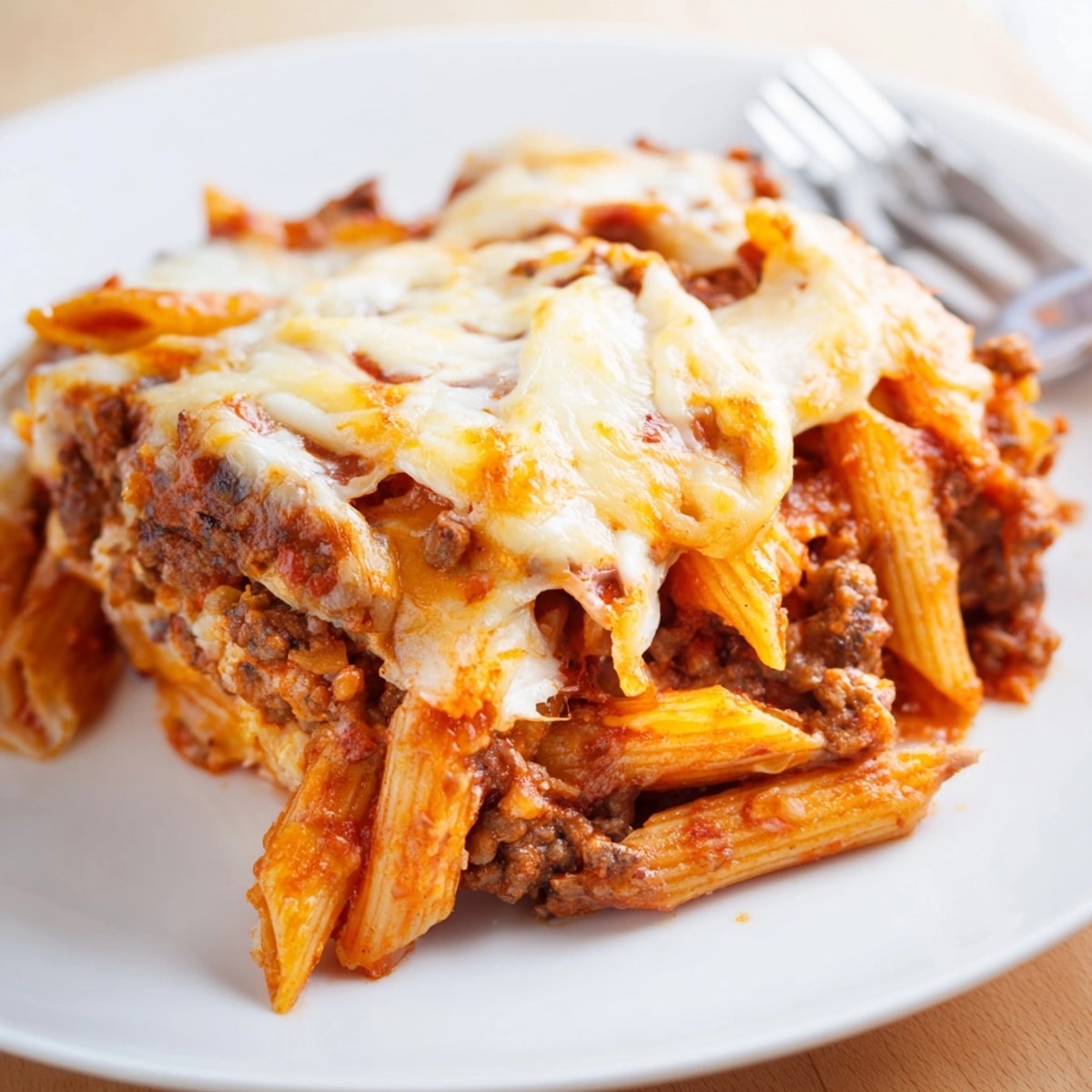 Overhead shot of golden, bubbling Cheesy Beef & Penne Bake, ready for a family dinner.