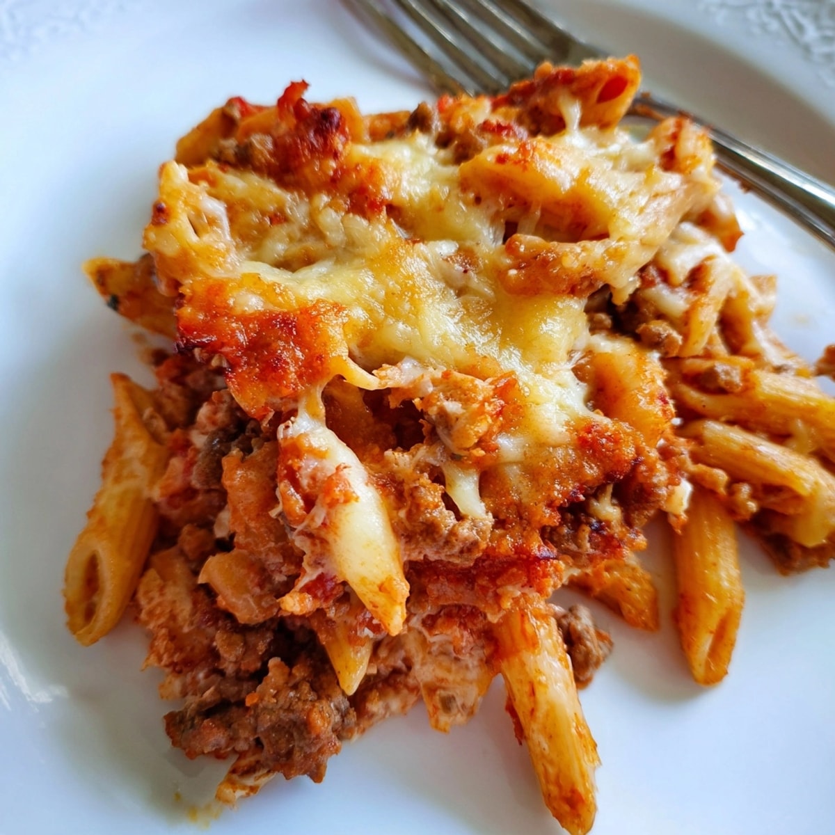 Close-up of a Cheesy Beef &amp; Penne Bake, showcasing layers of beef, pasta, and melted mozzarella.