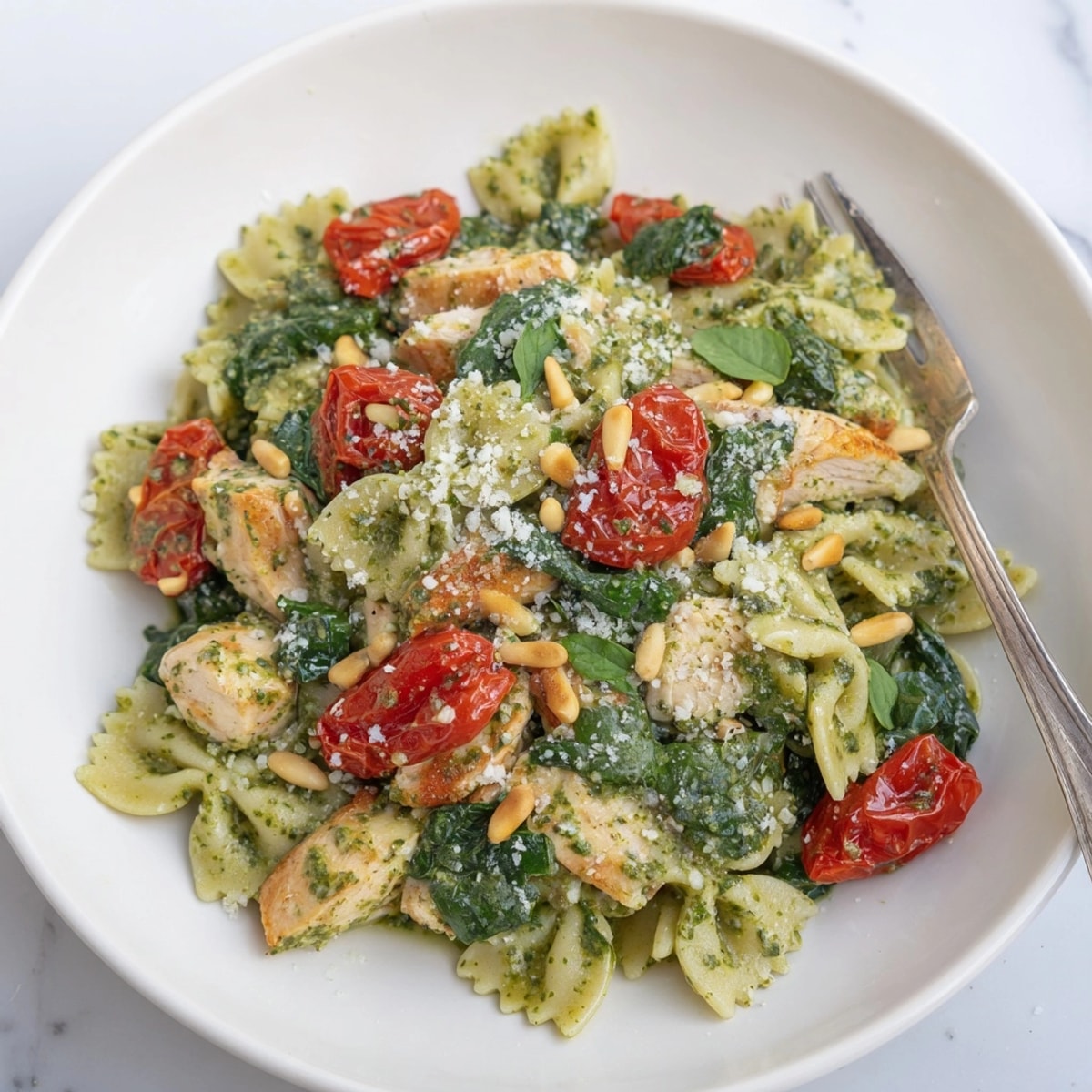Creamy Pesto Chicken Bowtie Pasta recipe, glistening with parmesan, ready to serve as dinner.