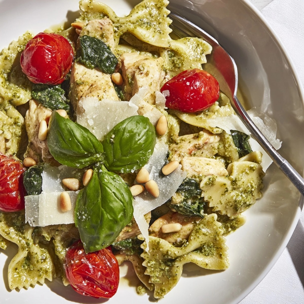 Bright Pesto Chicken Bowtie Pasta, featuring juicy chicken and blistered tomatoes; a comforting weeknight meal.