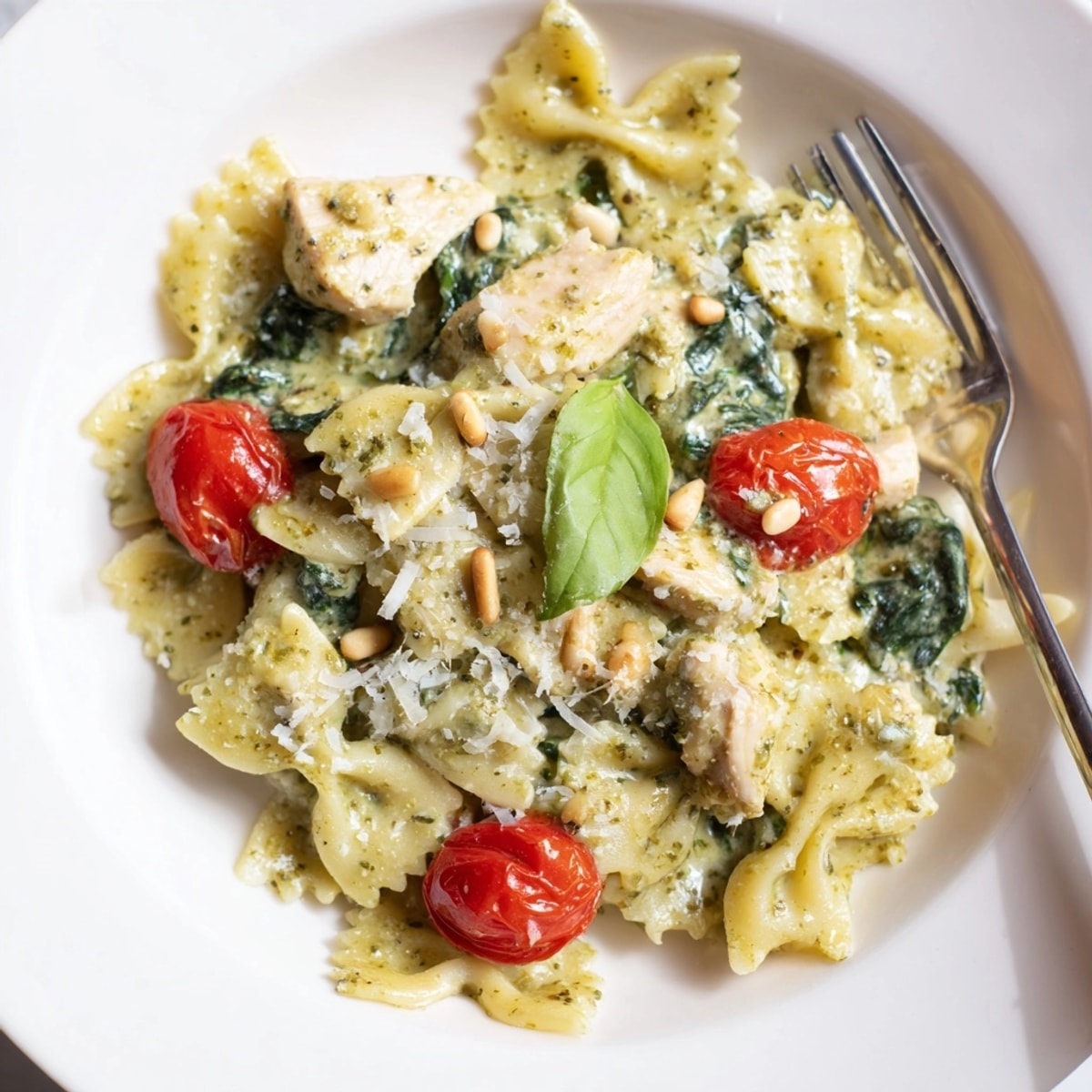 Close-up of textured Pesto Chicken Bowtie Pasta, garnished with fresh basil; Italian-American cuisine.
