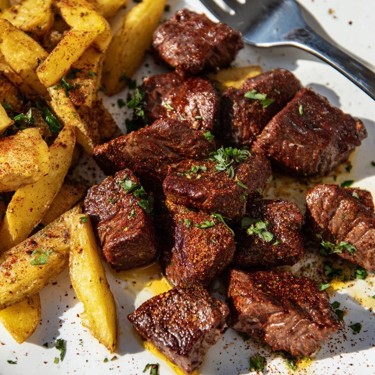 Blackened Cajun Steak Bites with Fries: Juicy seared beef alongside crispy golden potatoes.