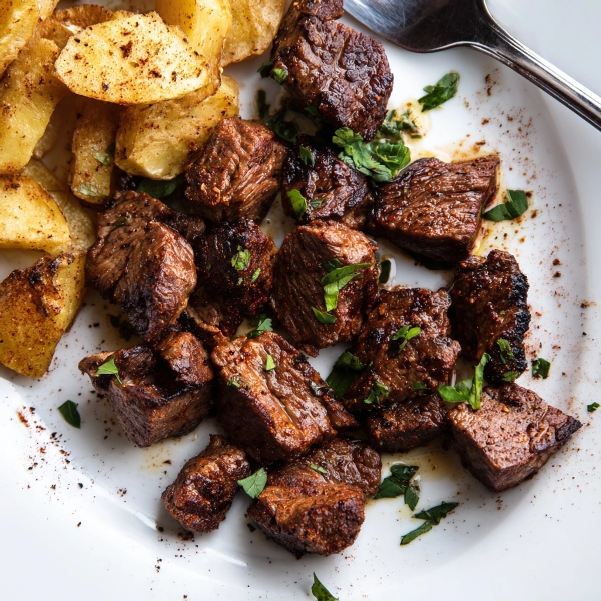 A skillet sizzling with blackened Cajun Steak Bites, ready to serve with fries.