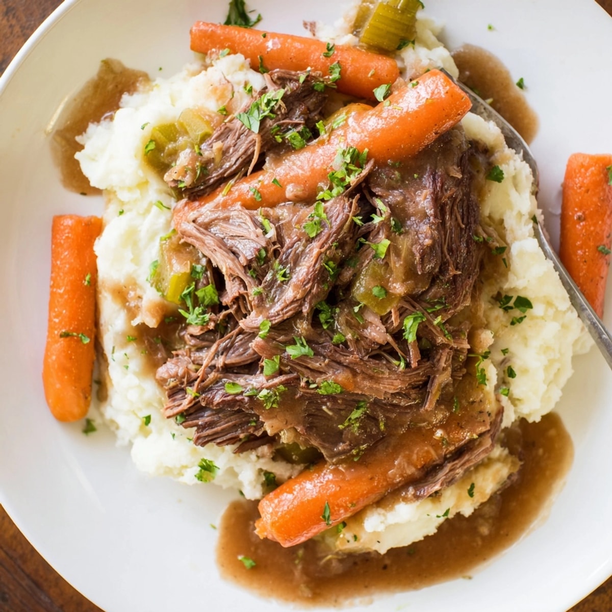 Fork-tender Slow Cooker Pot Roast with Mashed Potatoes, a comforting one-pot family meal.