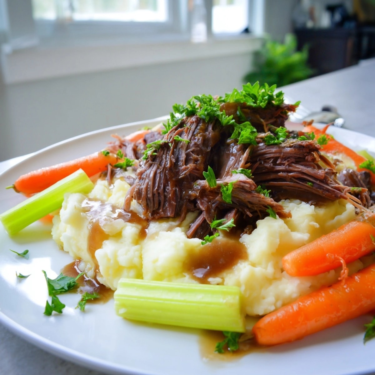 Imagine juicy, shredded pot roast simmered low and slow, served over fluffy garlic mashed potatoes.