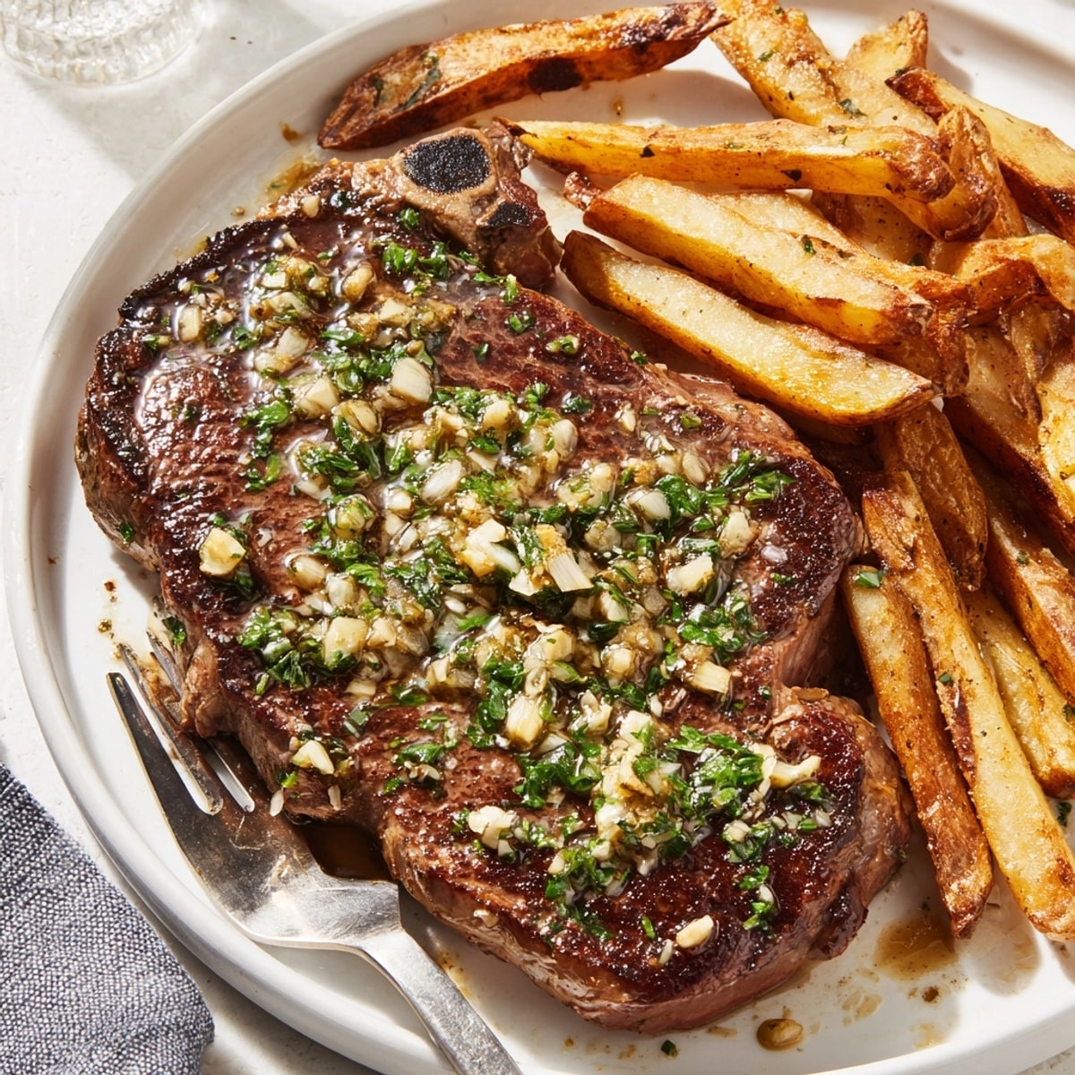 Juicy Steakhouse Garlic Butter Steak & Fries: butter melting over seared ribeye with crisp fries.
