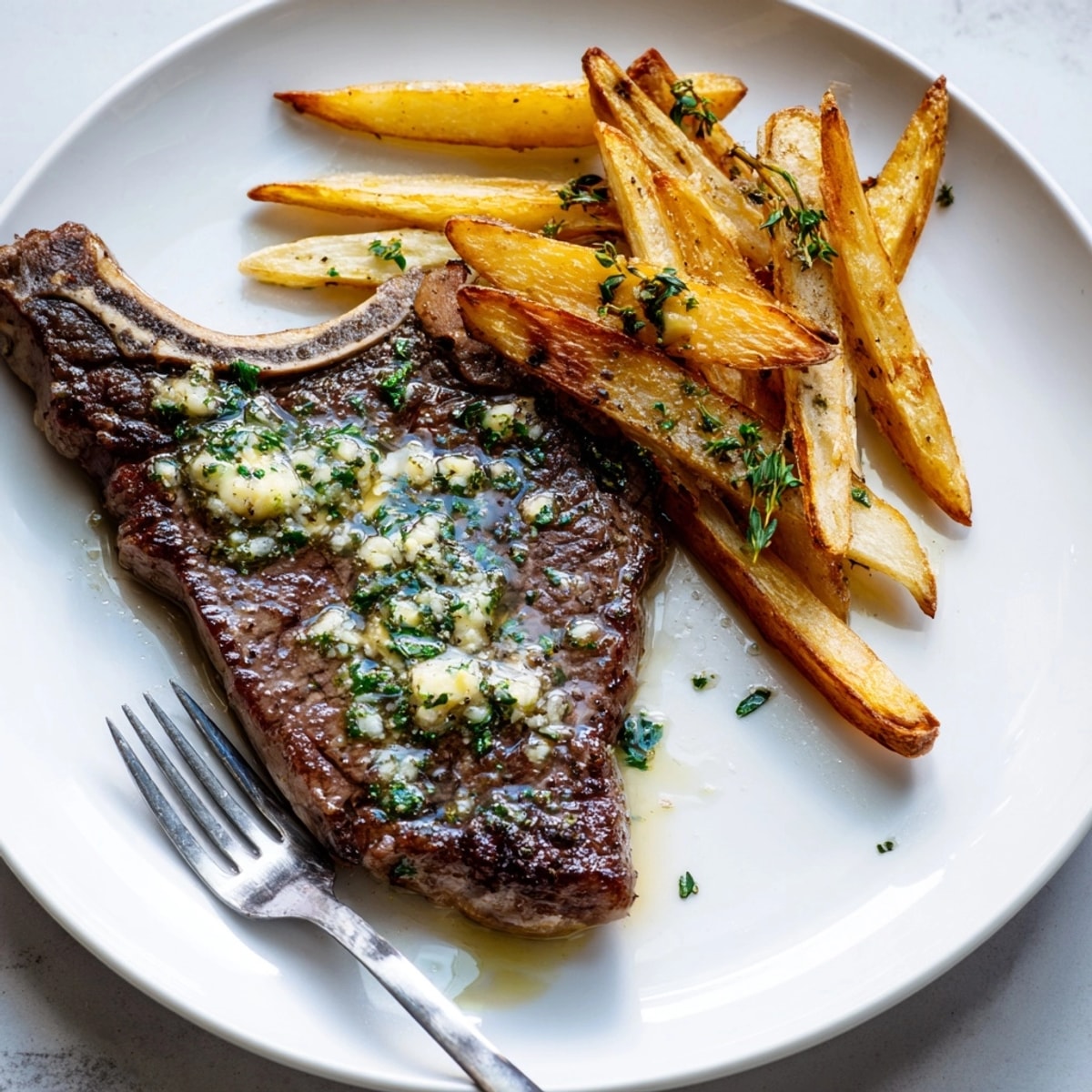 Close-up of flavorful Steakhouse Garlic Butter Steak recipe, a classic American main course indulgence.