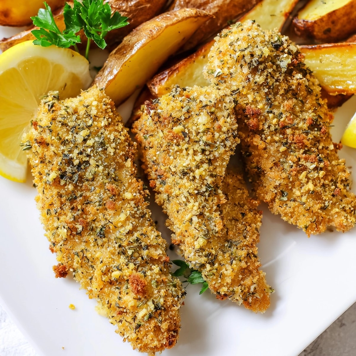 Crispy, golden Herbed Chicken Tenders & Potato Wedges, a comforting American family dinner.