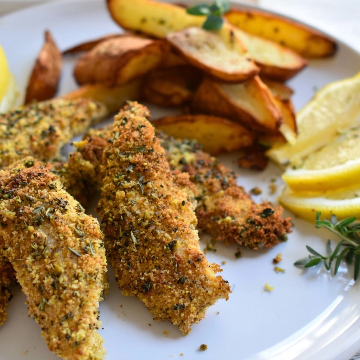 Close-up of juicy Herbed Chicken Tenders served with rosemary-spiced potato wedges, oven-baked appeal.