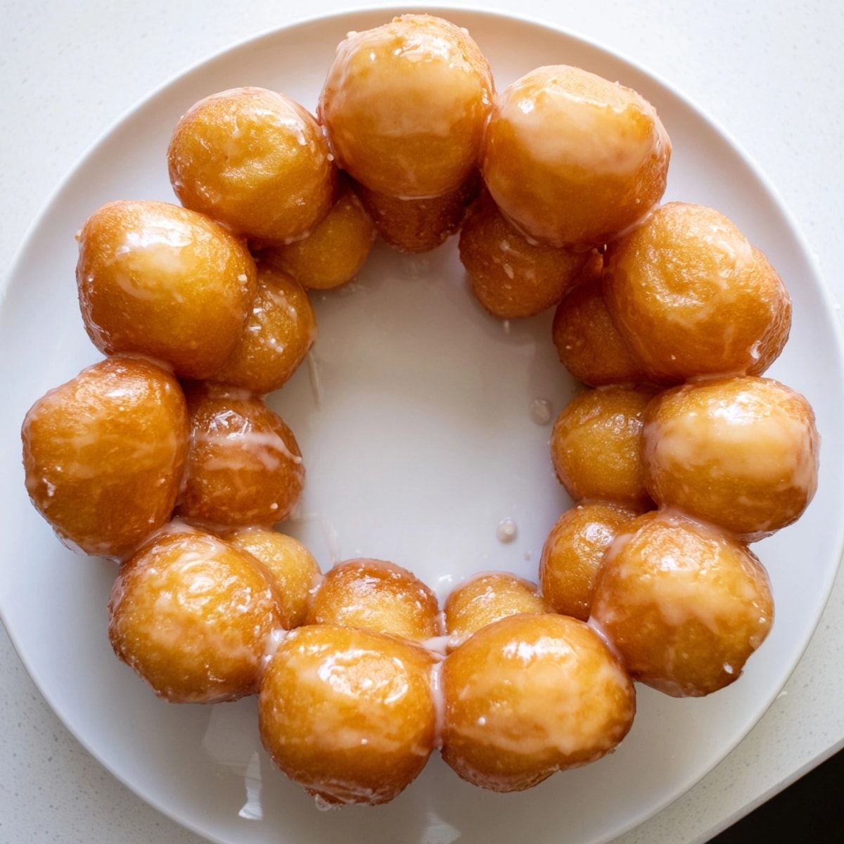 Close-up of delicious chewy mochi donuts: bouncy, golden, and glistening with sweet glaze.