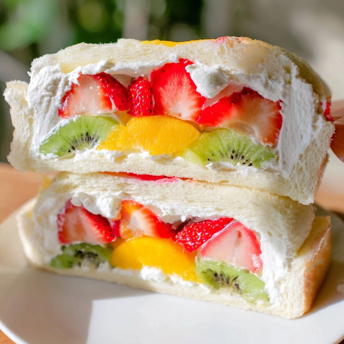 Sweet Japanese Fruit Sandwich with fluffy bread, creamy filling, and colorful fruit slices.