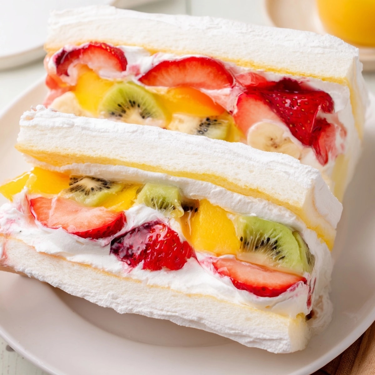 Close-up of a chilled Japanese Fruit Sandwich showing layers of fresh fruit and whipped cream.