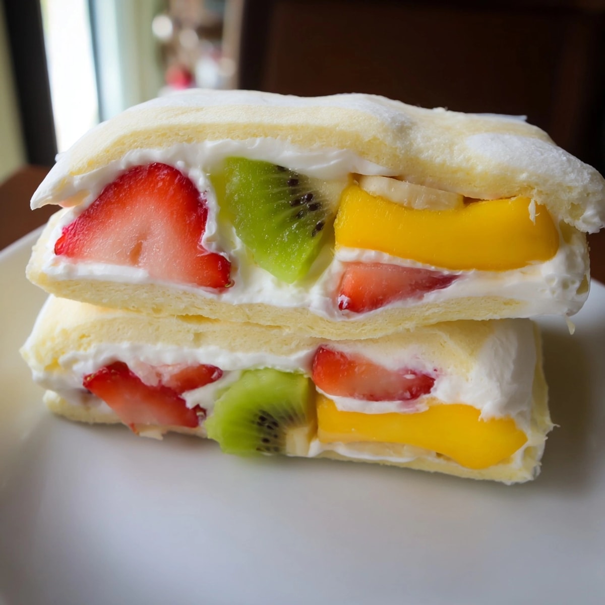 Making Japanese Fruit Sandwich: bread being filled with cream and fruit before wrapping.