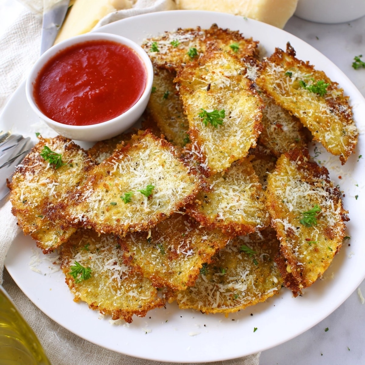 Golden fried lasagna chips, crispy and seasoned with parmesan, ready for dipping into marinara.
