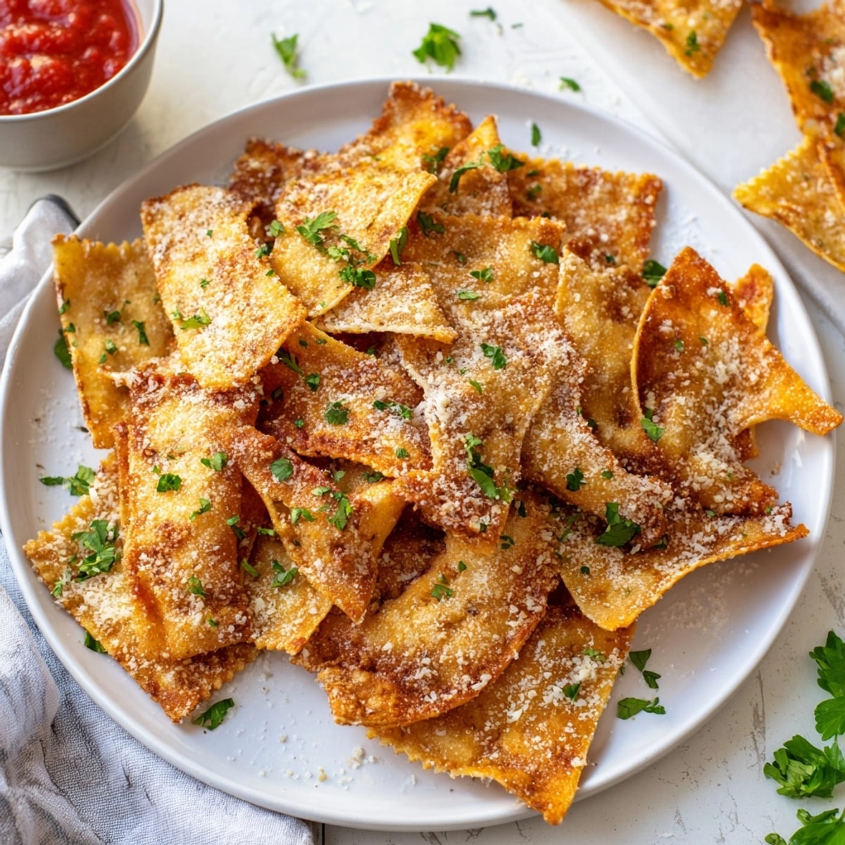 Homemade fried lasagna chips, Italian-herb dusted, a crunchy snack served with warm marinara dip.