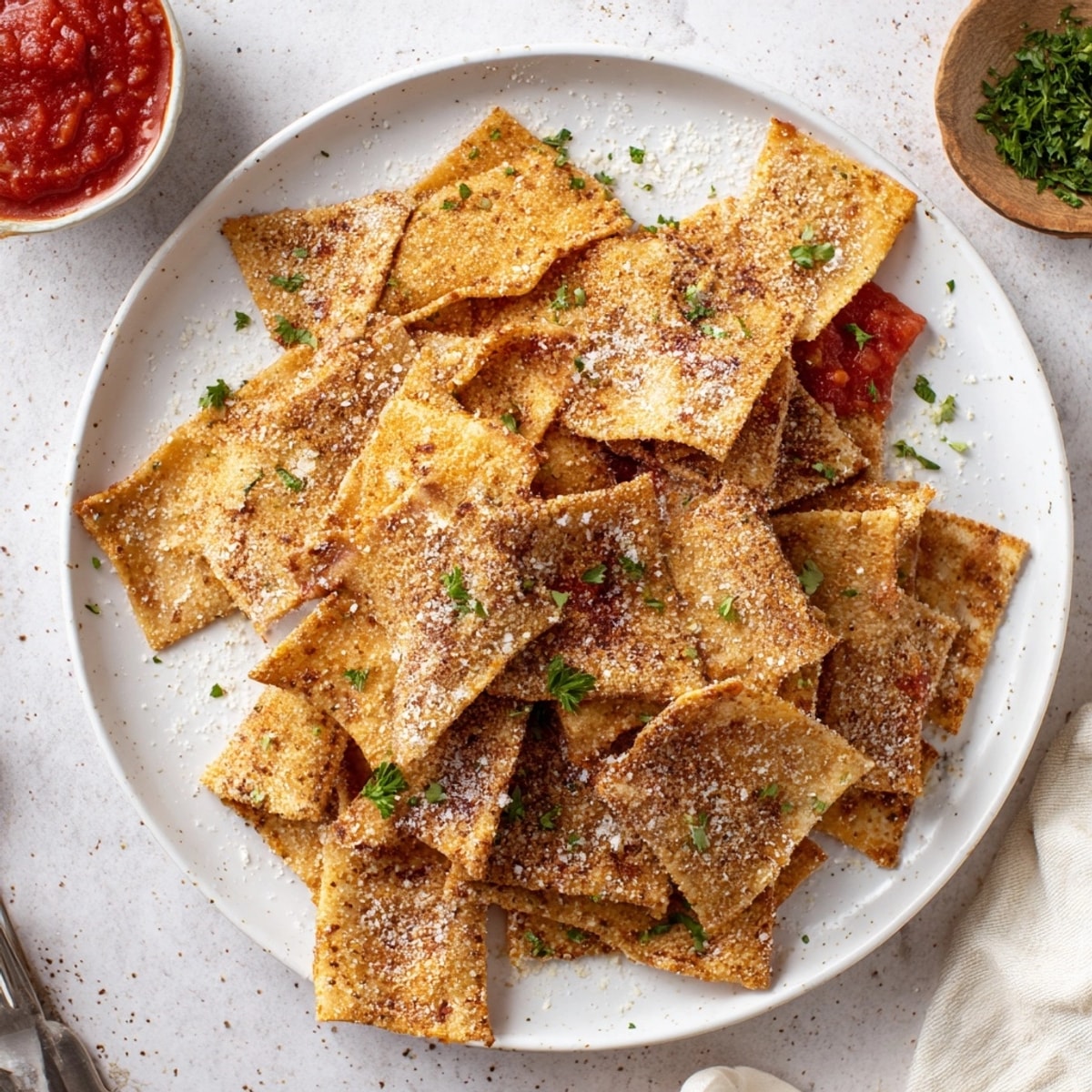 Imagine savory fried lasagna chips, golden and parmesan-crusted, a flavorful vegetarian appetizer.