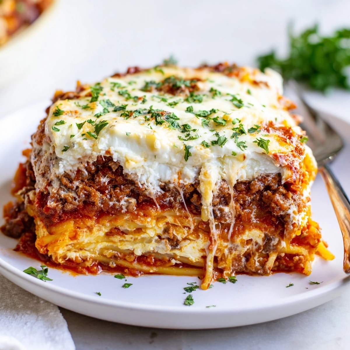 Golden, cheesy Million Dollar Spaghetti bake, fresh from the oven, ready to serve.