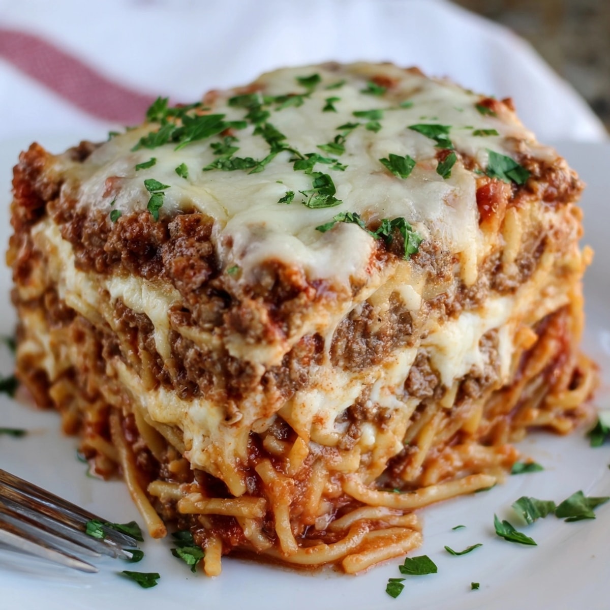 Creamy Million Dollar Spaghetti recipe: layers of meaty sauce and bubbling mozzarella cheese.