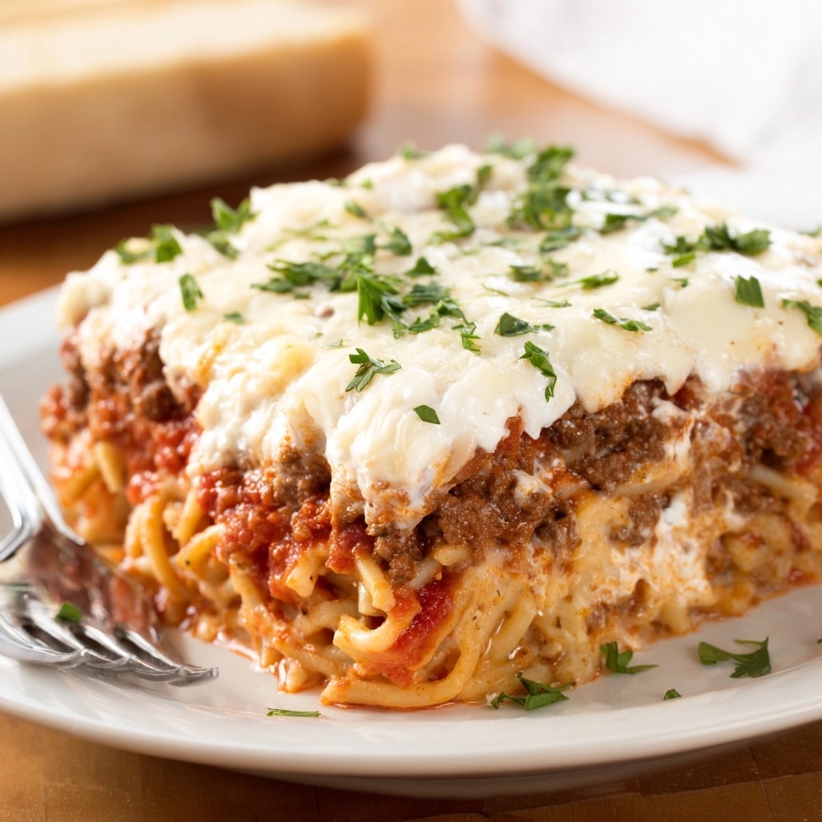 Warm, comforting Million Dollar Spaghetti casserole, a perfect easy family dinner, garnished with parsley.
