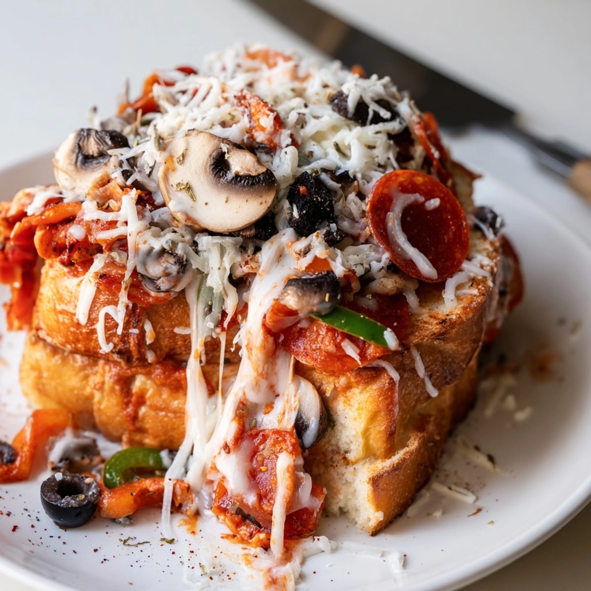 Golden Pizza Lava Toast, fresh out of the oven; bubbly, cheesy, oozing perfection.