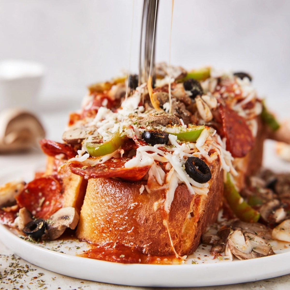 Close-up of Pizza Lava Toast with melted mozzarella cascading down toasted bread edges.
