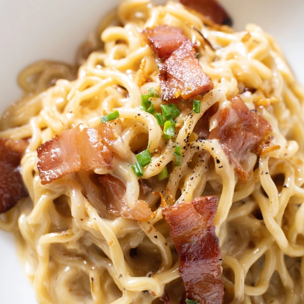 Creamy Ramen Carbonara, with crispy bacon and parmesan, ready to serve in a bowl.