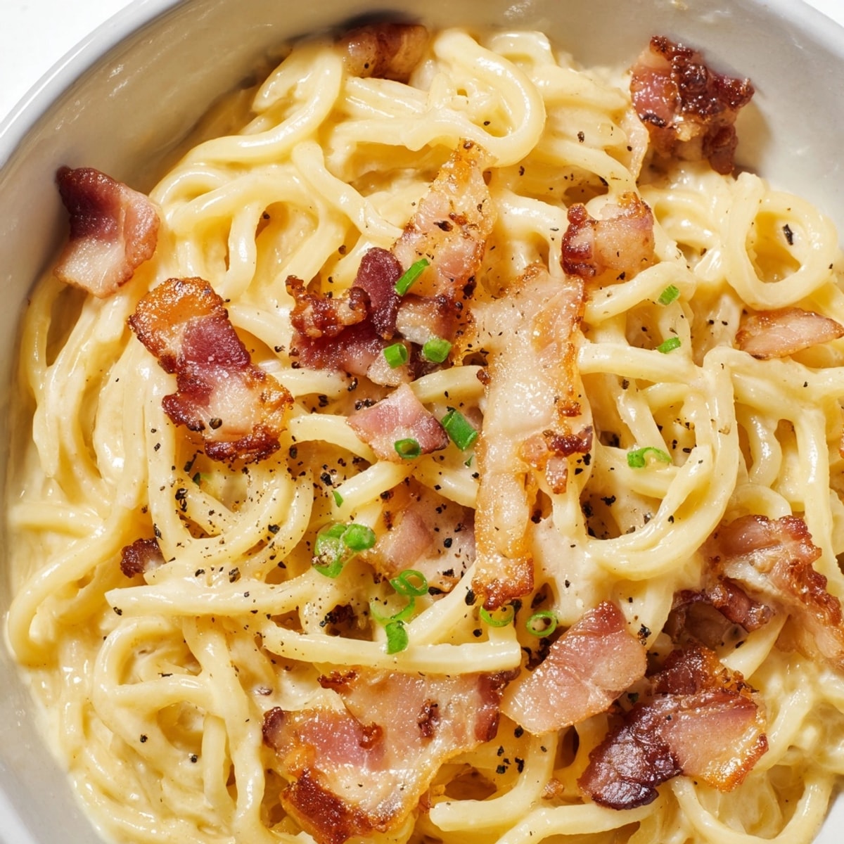 Close-up of Ramen Carbonara featuring shiny noodles coated in a rich, golden, cheesy sauce.