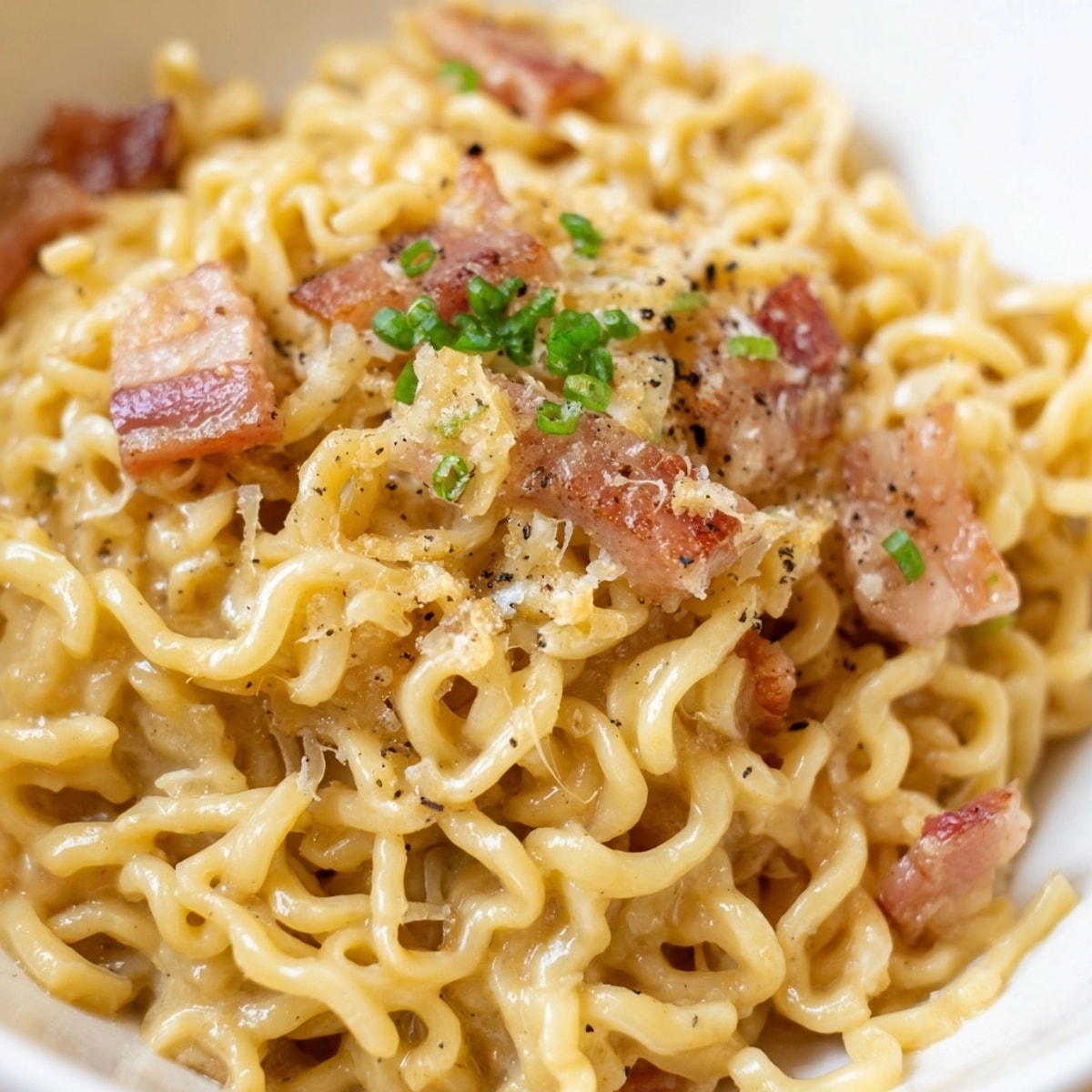 Easy Ramen Carbonara recipe: springy noodles, savory bacon, and creamy egg sauce.