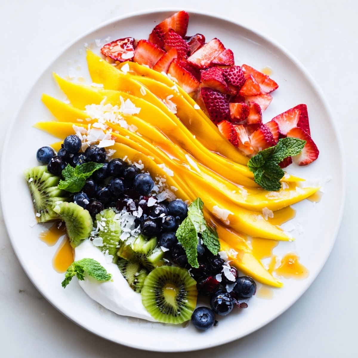 Colorful Shaved Frozen Fruit recipe: a refreshing mix of mango, berries, and kiwi.