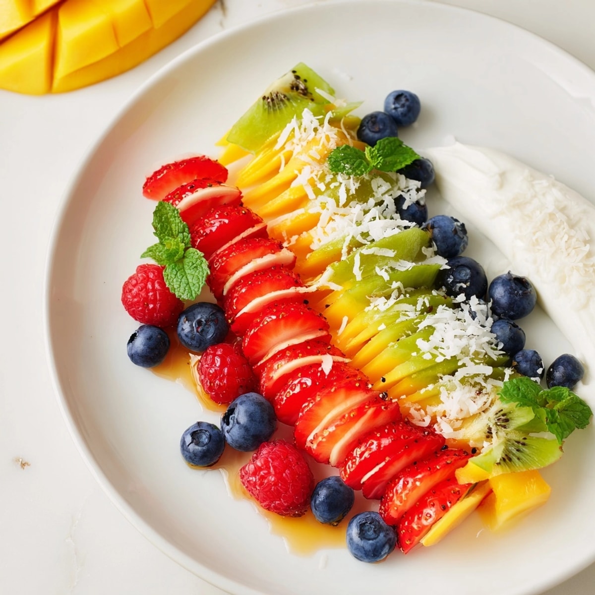 Making Shaved Frozen Fruit: thinly sliced vibrant fruits and fresh mint, ready to serve.