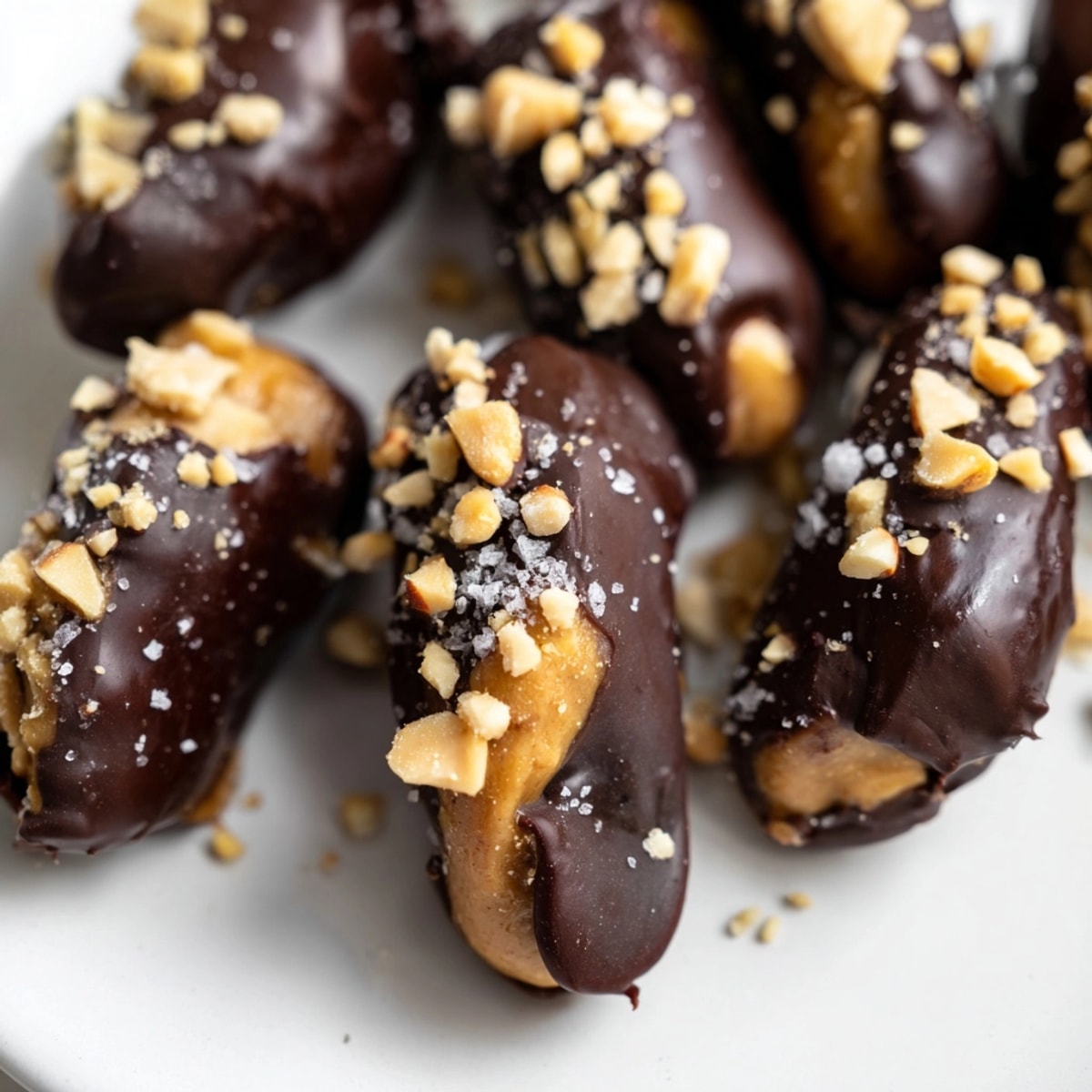 Rich Chocolate Peanut Butter Dates recipe, shiny and drizzled with flaky sea salt.