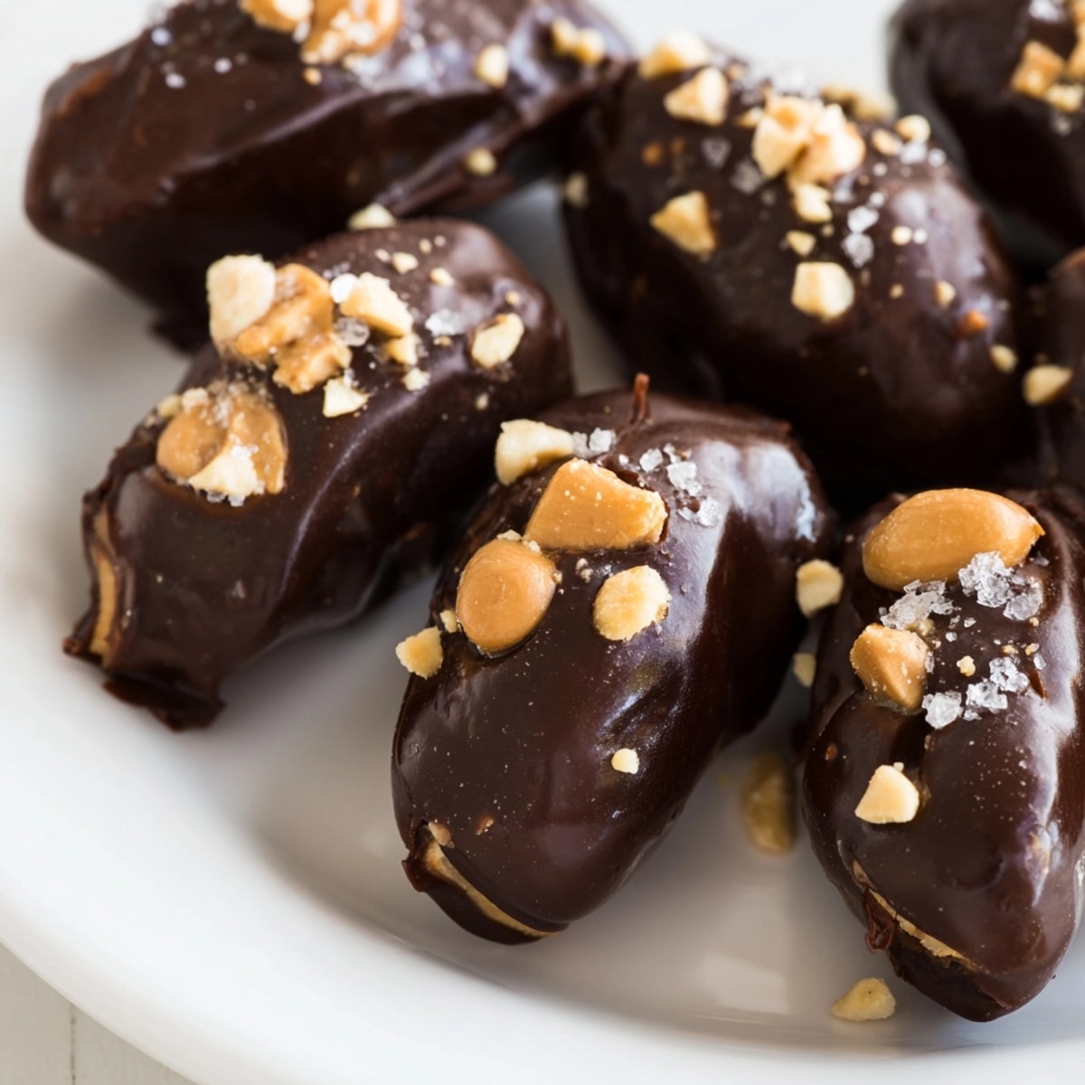 Homemade Chocolate Peanut Butter Dates, halved to show the creamy peanut filling inside.