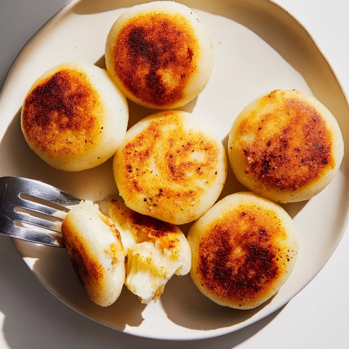 Close-up shows golden Cheesy Potato Mochi, a savory Japanese-fusion treat, ready to eat.