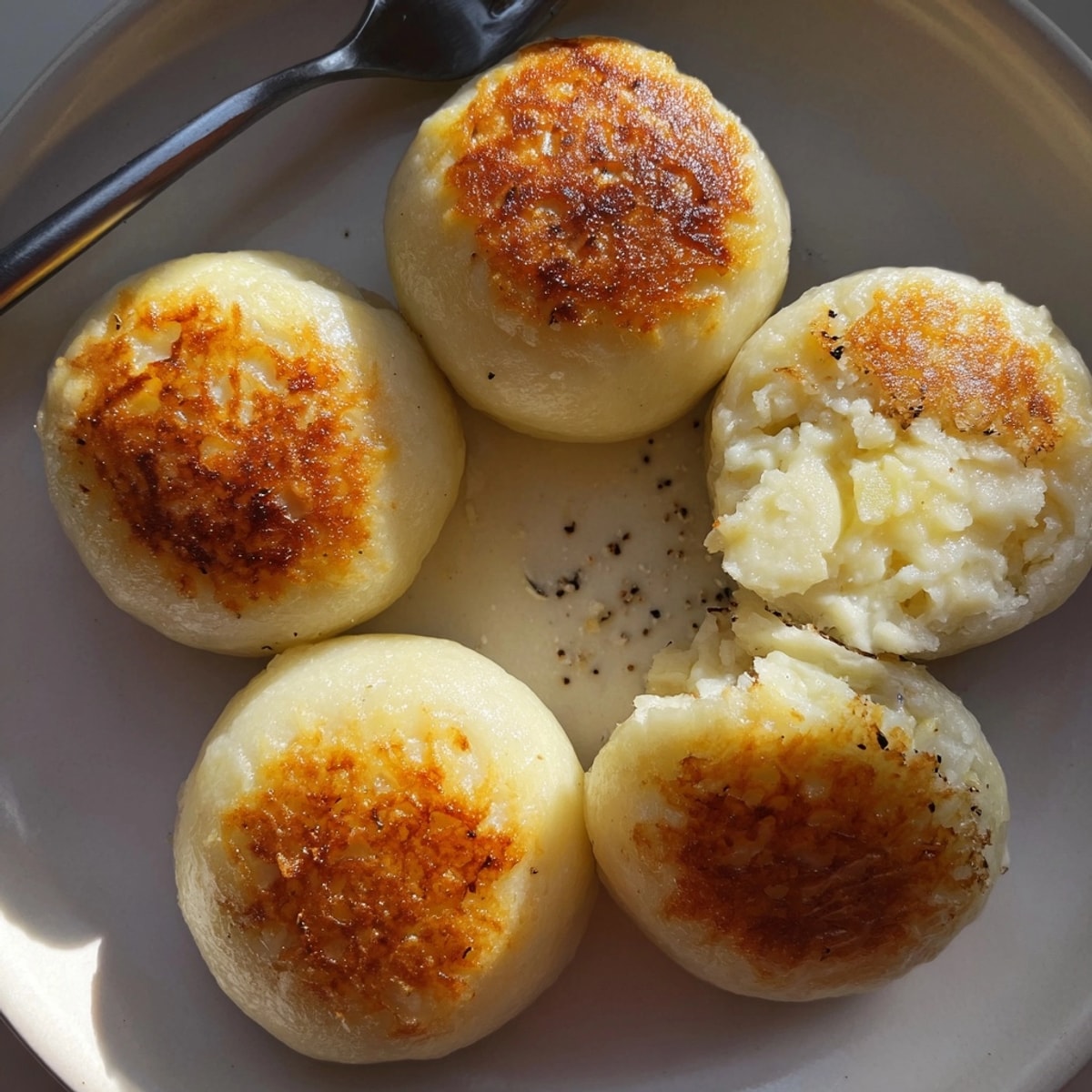 Homemade Cheesy Potato Mochi frying in a pan, a bite-sized comfort food recipe.