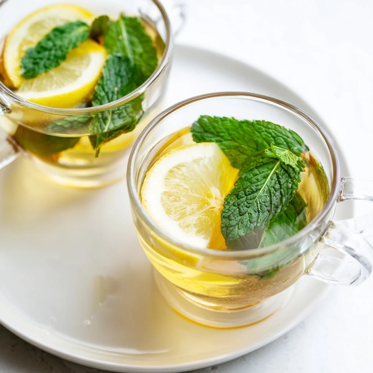 Inviting closeup shows vibrant green peppermint tea steeping, a relaxing, caffeine-free treat.