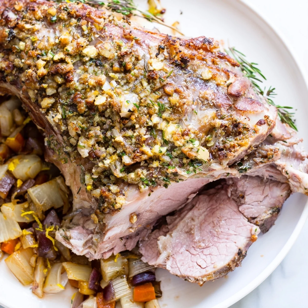 Golden Roasted Lamb glistening, with crispy skin and fragrant herbs, ready to serve for dinner.
