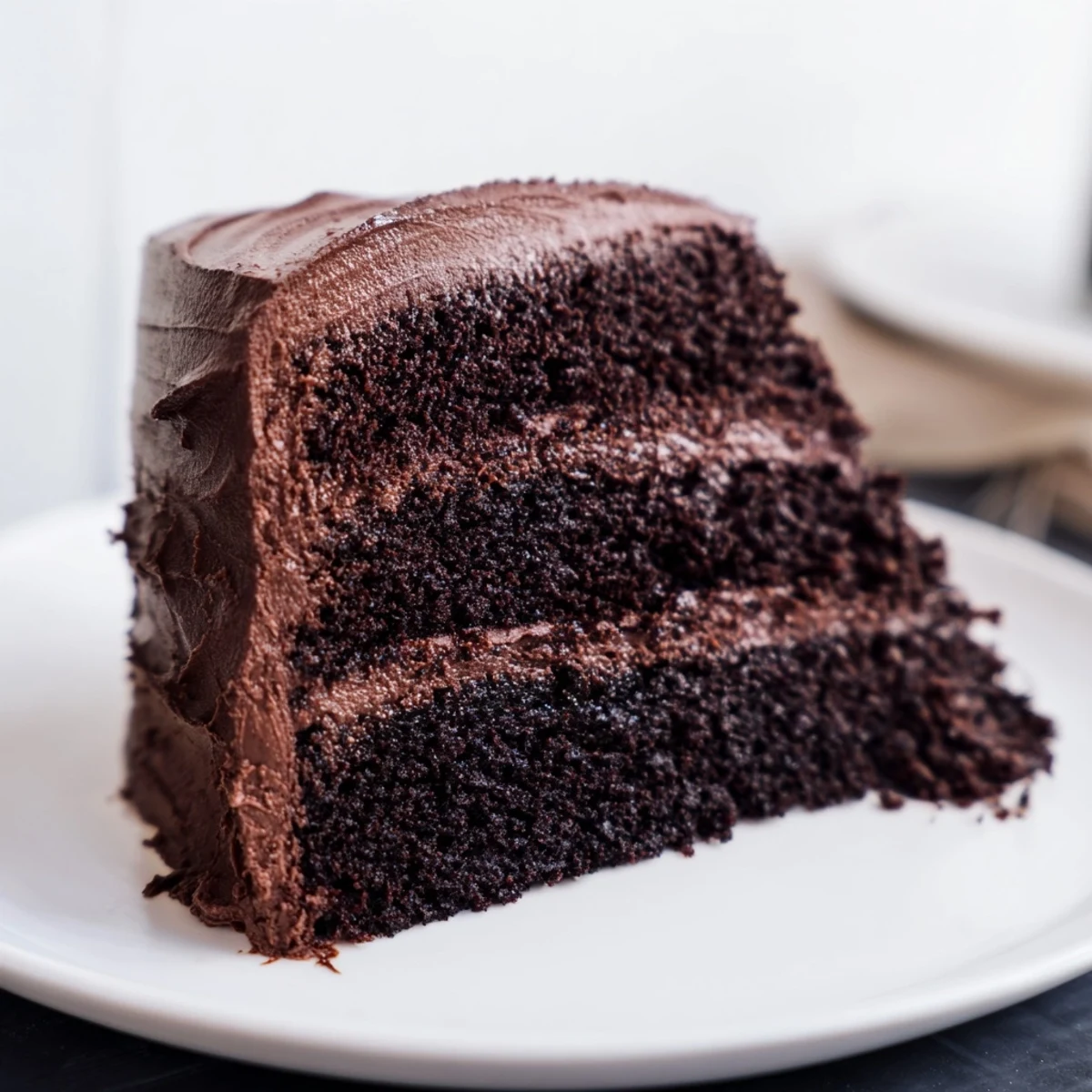 A tall, layered chocolate cake, a perfect celebration dessert with rich, creamy frosting visible.