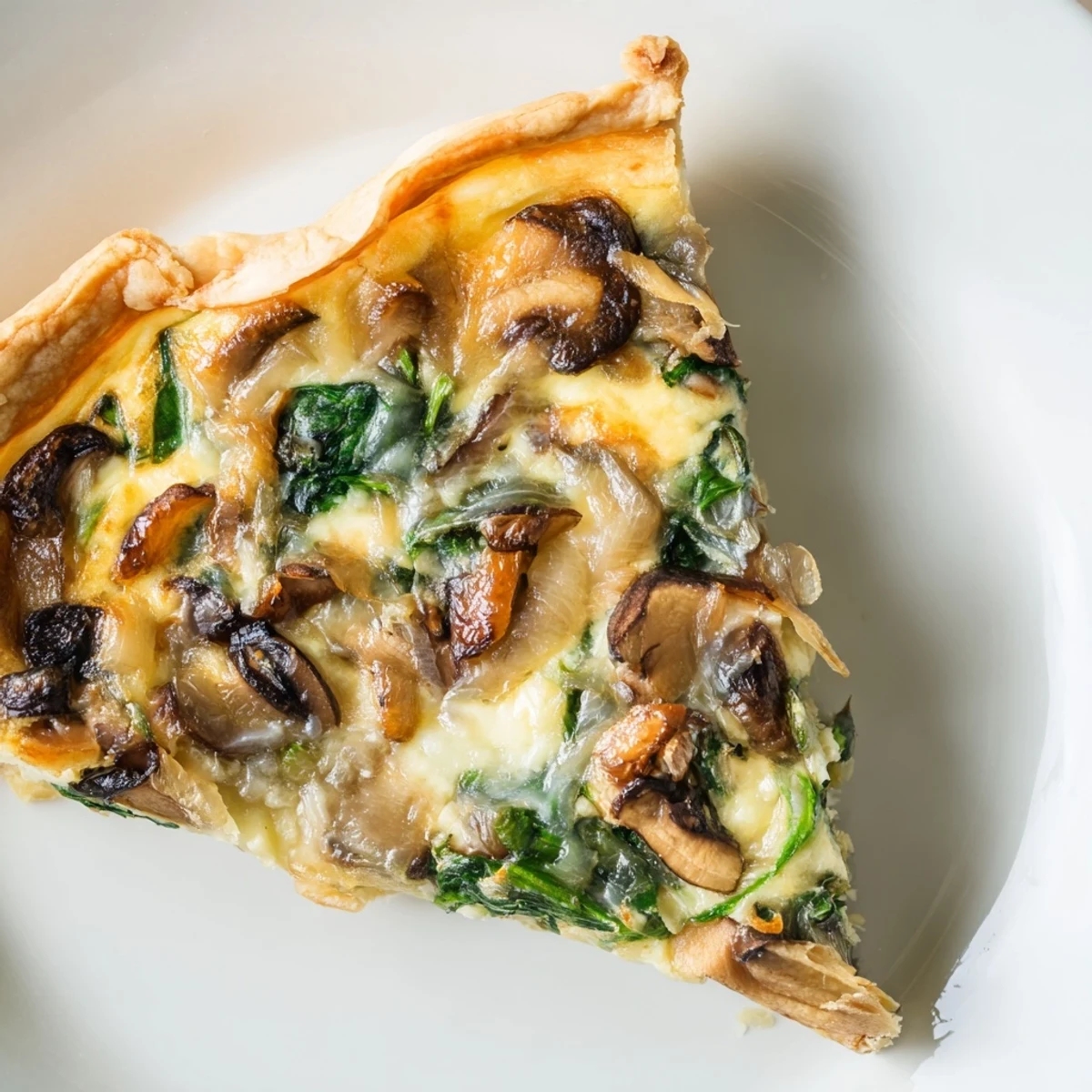 A slice of fresh-baked savory quiche shows off its creamy filling and perfectly browned crust for brunch.