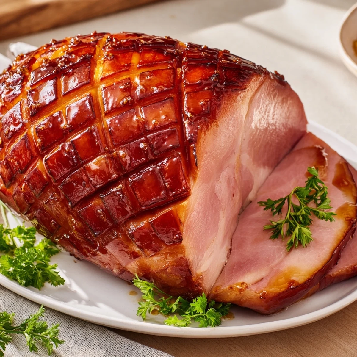 Golden-brown, glistening Baked Ham, juicy inside with a sweet and savory glaze, ready to serve.