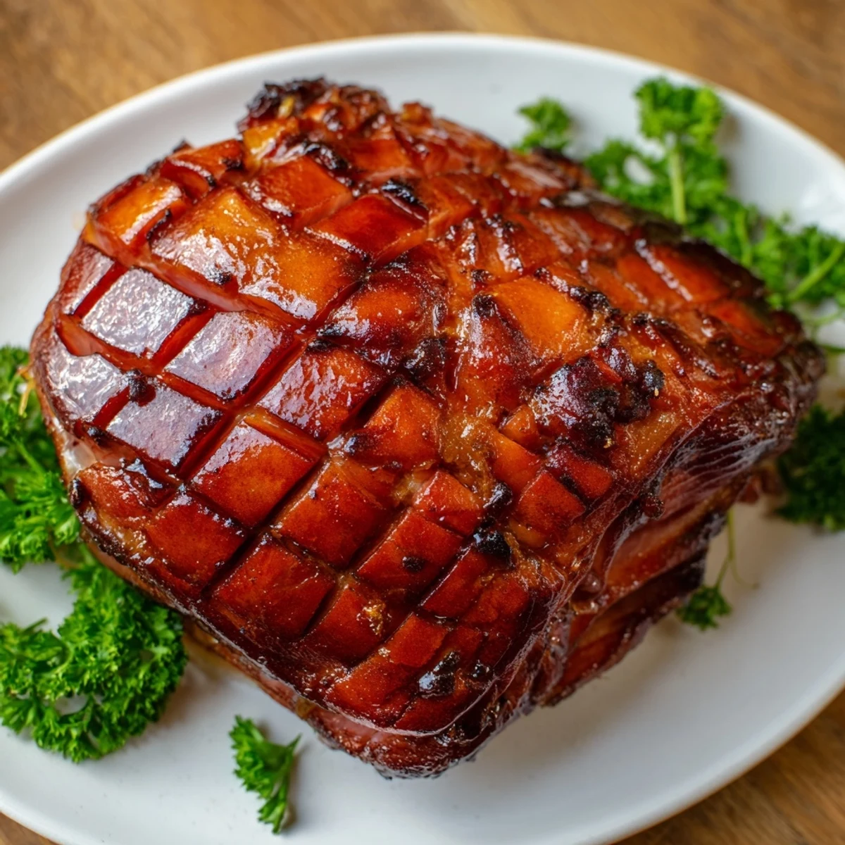 A beautiful close-up of beautifully glazed Baked Ham, perfect for a festive holiday dinner.