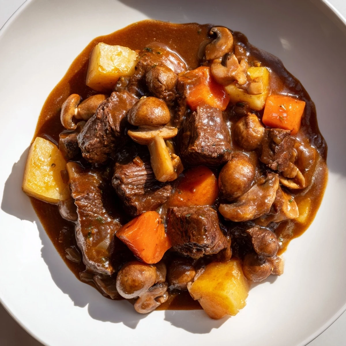 This close-up displays a hearty beef casserole bubbling in the oven, promising a flavorful, home-cooked meal.