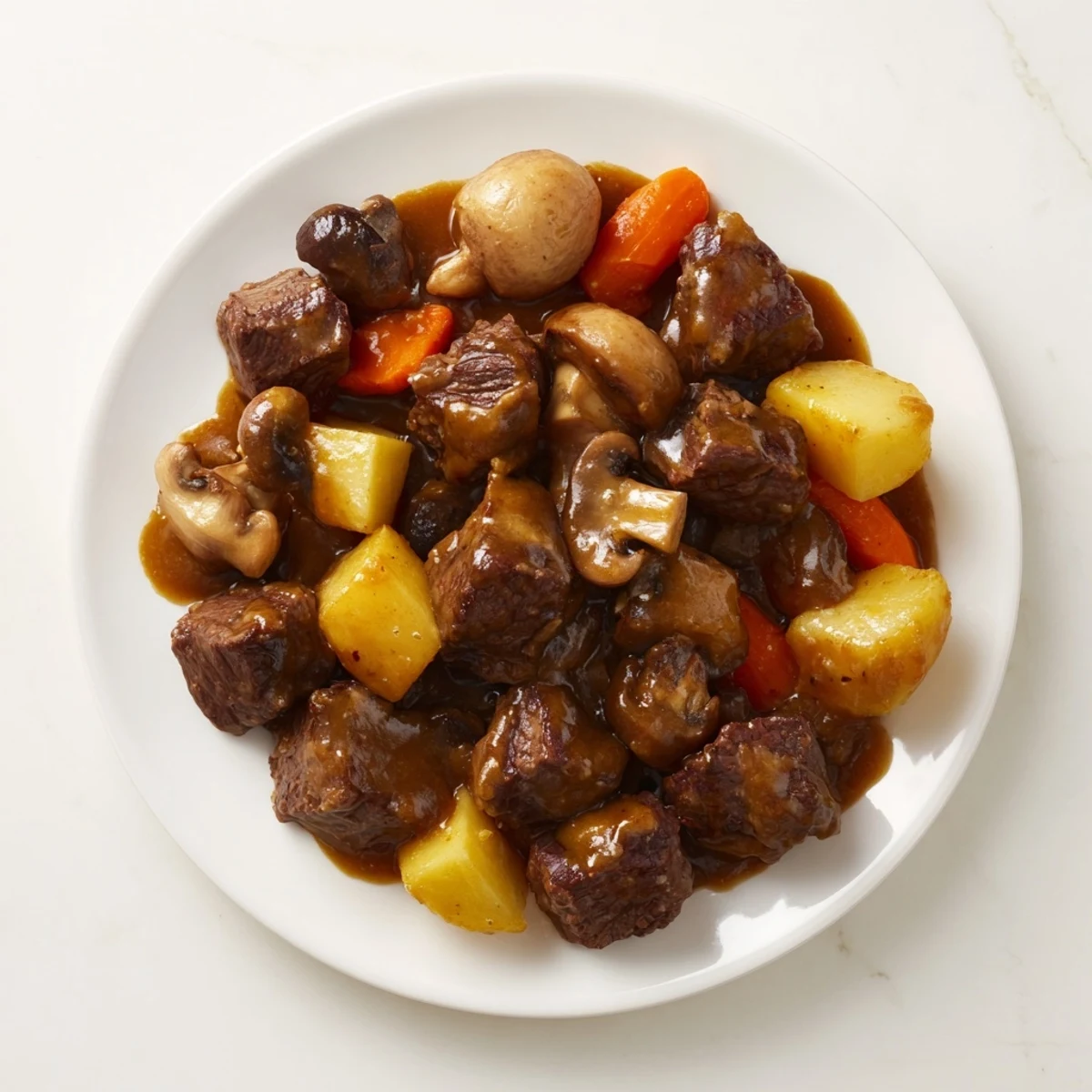 Served hot, the delicious beef casserole presents a rich, deep brown gravy with tender chunks of beef.